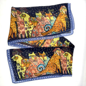 Vintage 90s Laurel Burch 100% Polyester Cats & Dogs Sheer Rectangle Scarf 20x62"